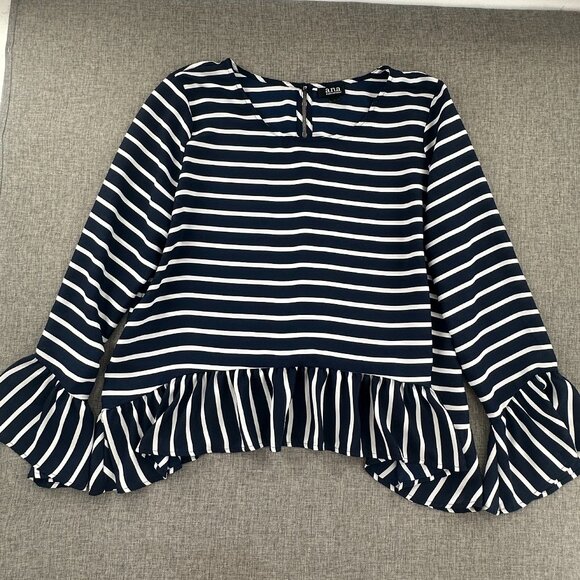 a.n.a A New Approach Top Striped Navy & White Long Sleeve Ruffled Hem Round Neck - Picture 1 of 11
